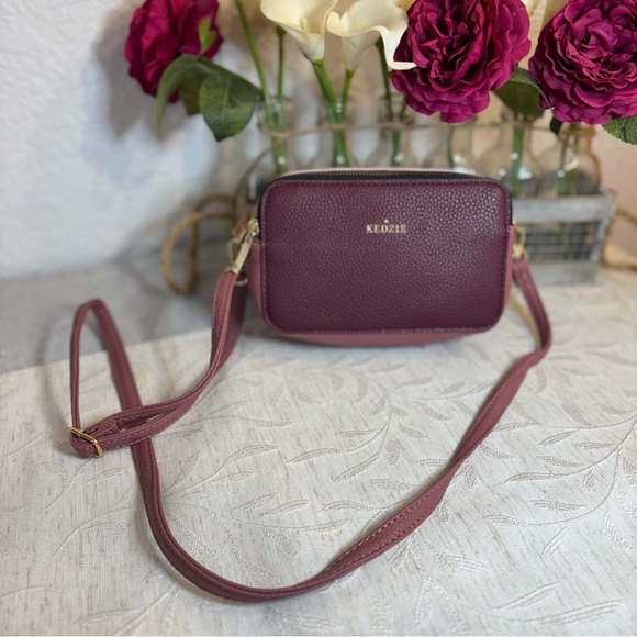 Kedzie Modernist Vegan Leather Double Zipper Small Crossbody. Wine color. - Picture 4 of 11